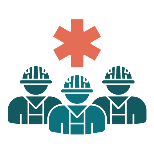 Illustration of 3 disaster service workers in hardhats under a safety asterisk