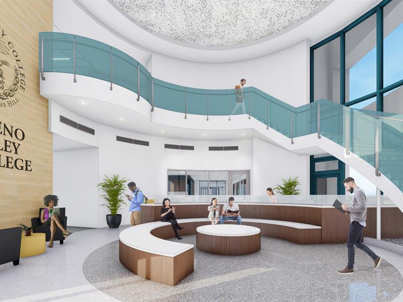 Student Services Building Renovation Render of Interior Lobby (second floor)