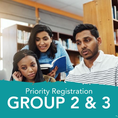 Group of students in the library behind text that says Group 2 and 3