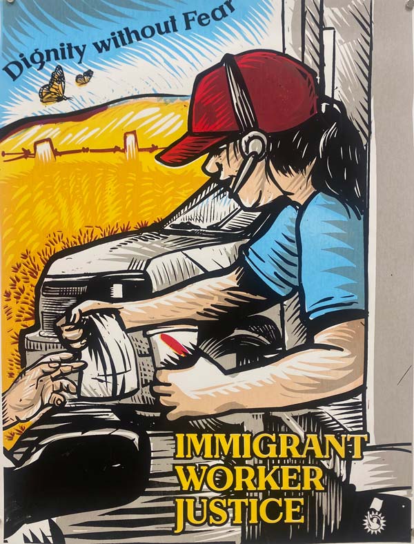 Immigrant Worker Justice by Pavel Acevedo linotype artwork