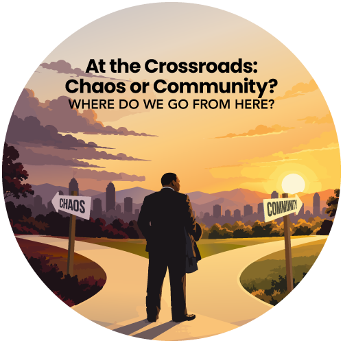 Silhouette graphic of MLK standing at a crossroads at sunset