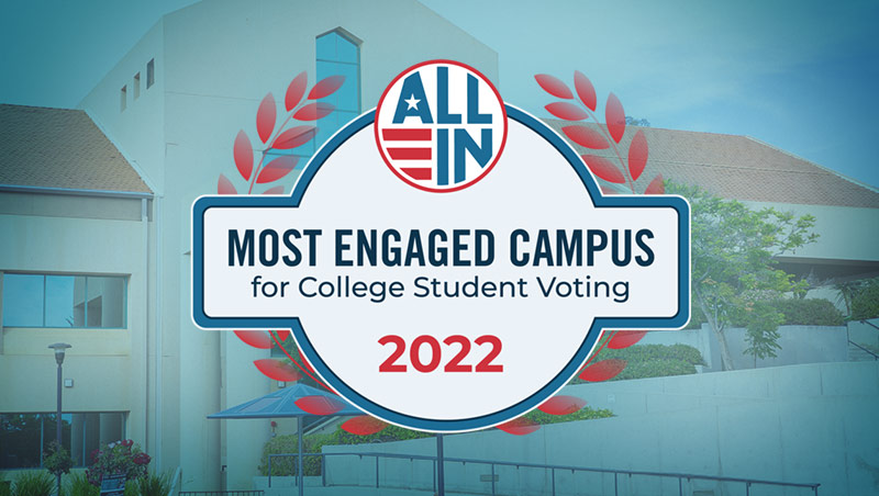 All In Most Engaged Campus for College Student Voting 2022 award badge over photo of Humanities building