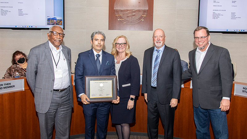 Left to right: Trustee Mary Figueroa (back), Chancellor Isaac (front), Felipe Galicia, MVC President Steinback, RCCD Board President Bill Hedrick, District Academic Senate President Mark Sellick