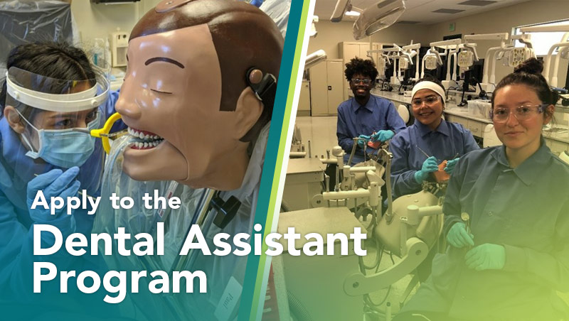 Two side by side images featuring dental assistant program students in scrubs and masks practicing dental care techniques
