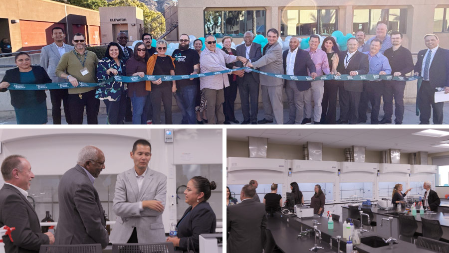 Collage of ribbon cutting attendees behind uncut ribbon and inside the new chemistry lab space