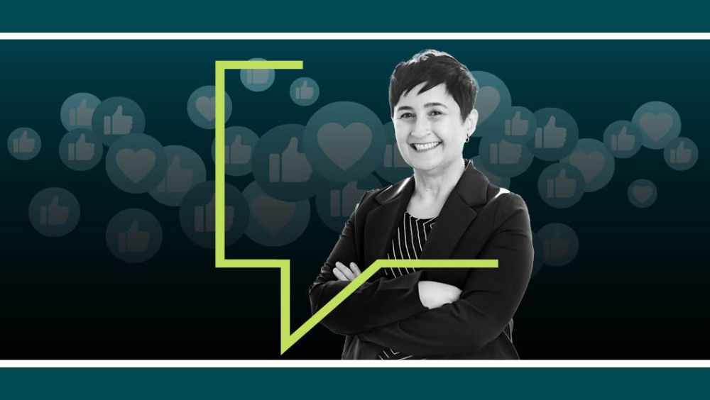 Portrait of professor Adviye Tolunay in front of social icons for likes and loves