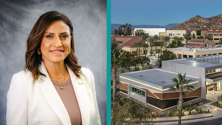 Portrait of Noemi Alexander next to aerial photo of MVC campus