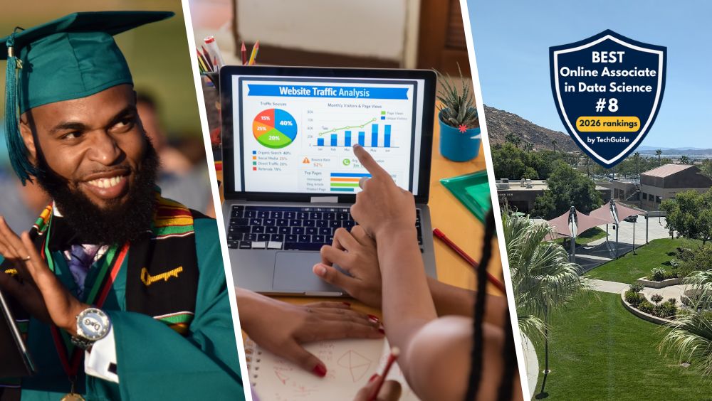 Collage of MVC grads, data science images on a laptop, and an aerial MVC campus photo