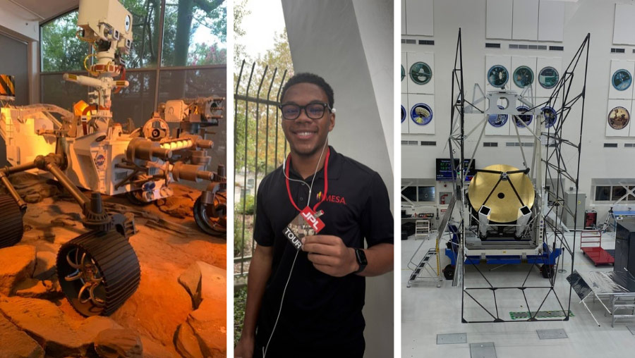 Three photos showing the Mars Rover, a student displaying a JPL lanyard, and the room where spacecraft are assembled