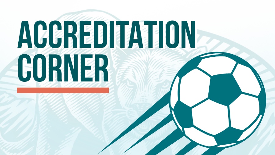 Accreditation Corner heading next to illustration of a soccer ball in motion