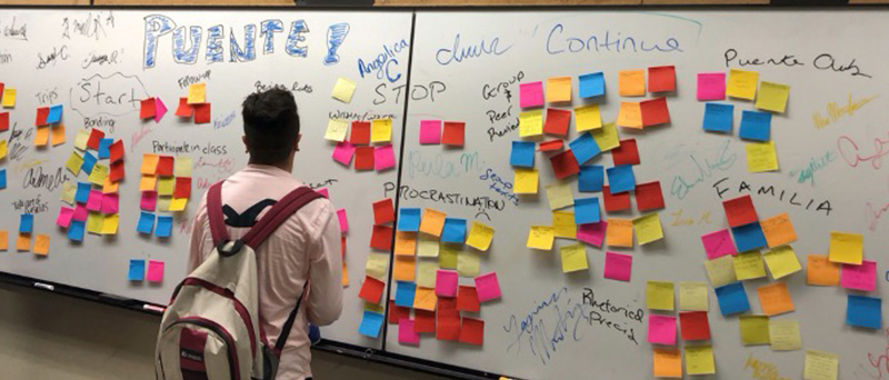 A student stands in front of white board with the puente program name and colorful postcards