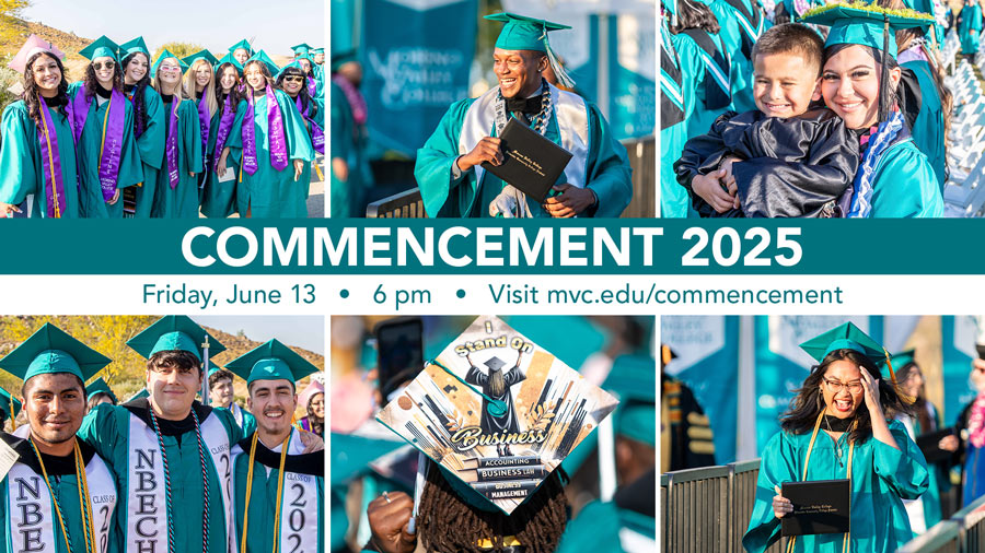 An arrangement of 6 photos showing MVC grads in teal regalia